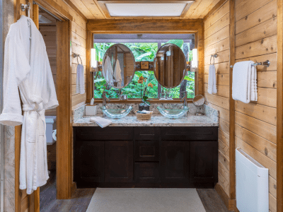 Image of double vanity at Lotus Garden Cottages in Volcano Hawaii