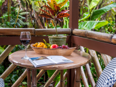 Image of outdoor table on private lanai at Lotus Garden Cottages in Volcano Hawaii